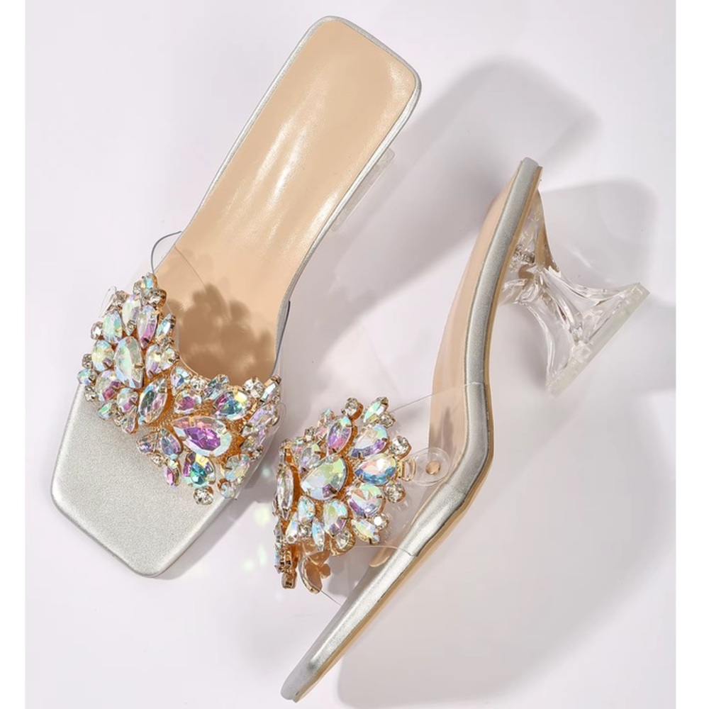 Elegant Gold Embellished Women's Lucite Slides Heels, Size 12